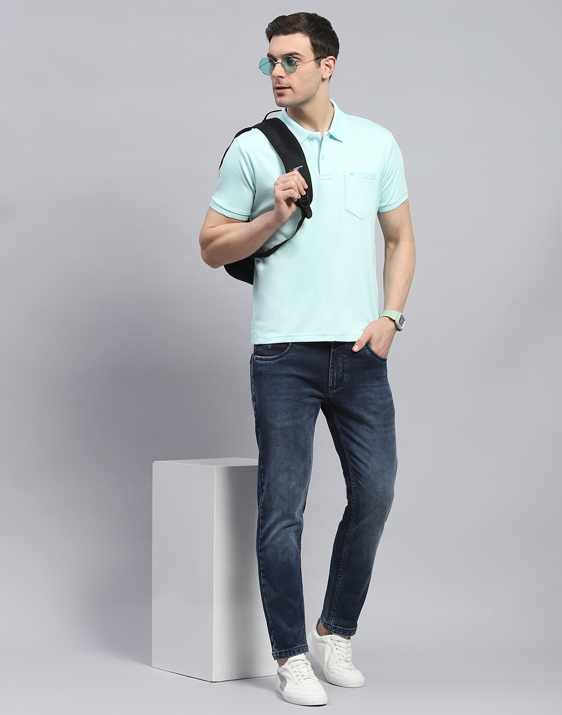 Men Blue Light Wash Ankle Length Denim