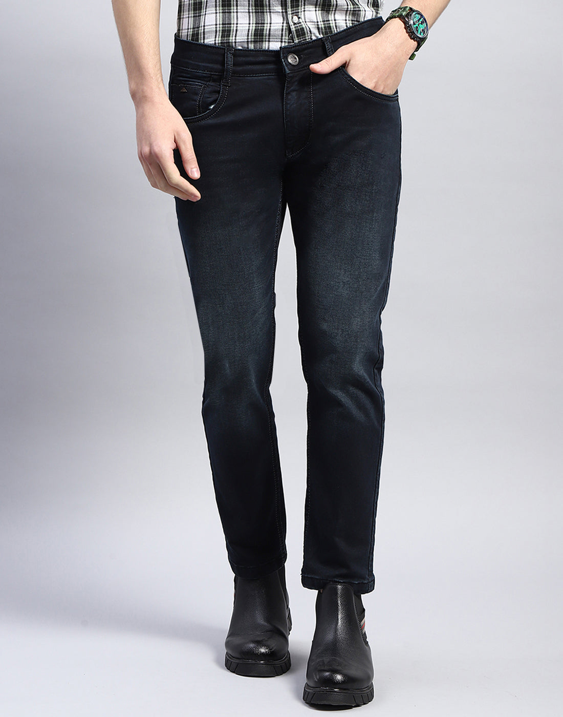 Men Navy Blue Light Wash Ankle Length Denim