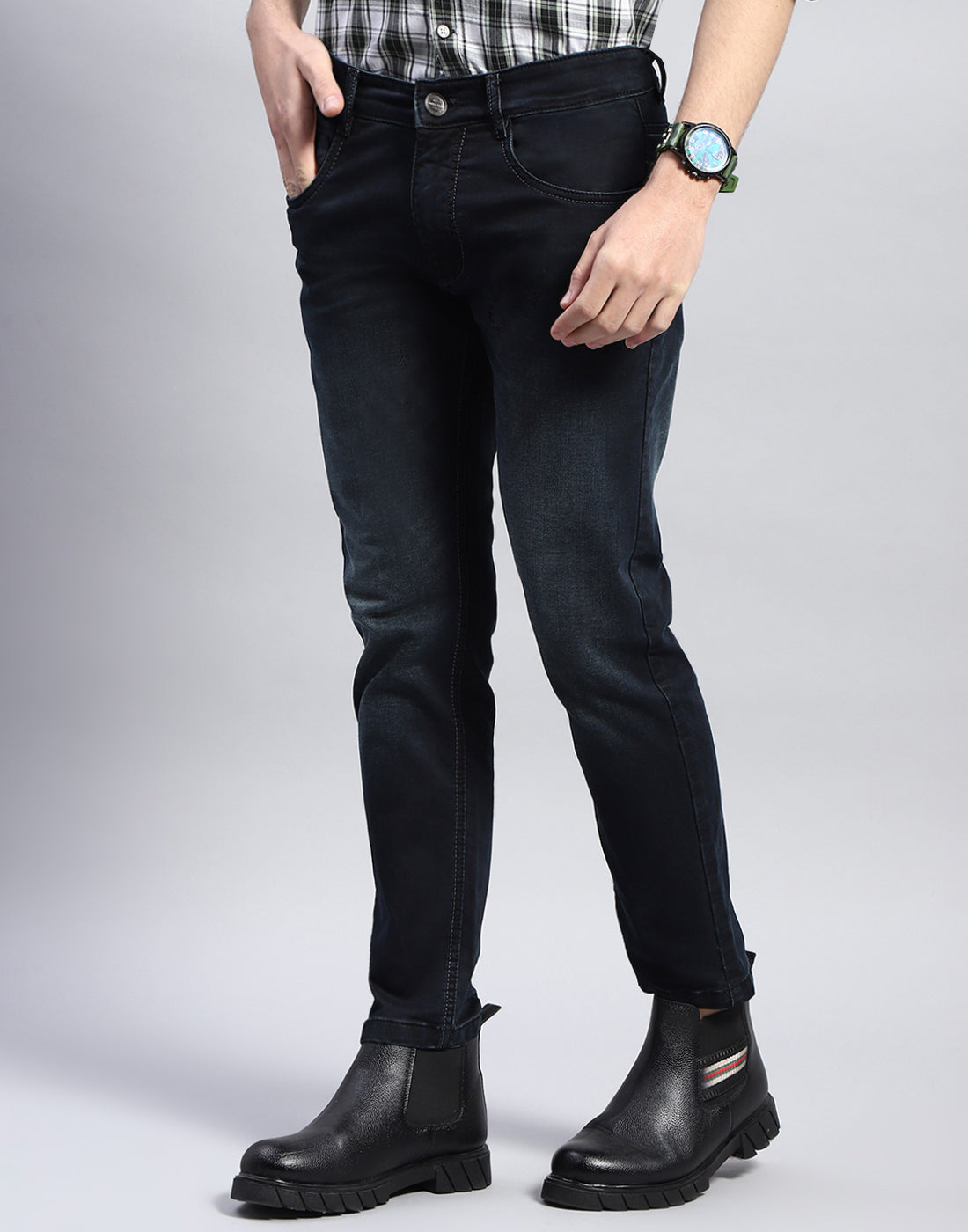 Men Navy Blue Light Wash Ankle Length Denim