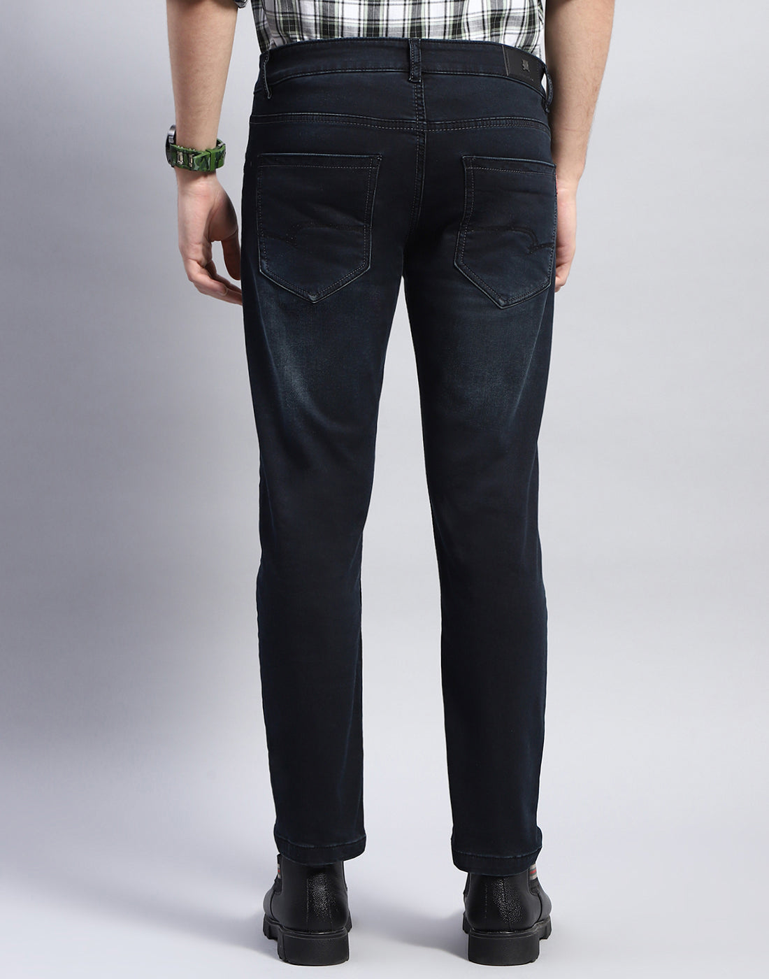 Men Navy Blue Light Wash Ankle Length Denim