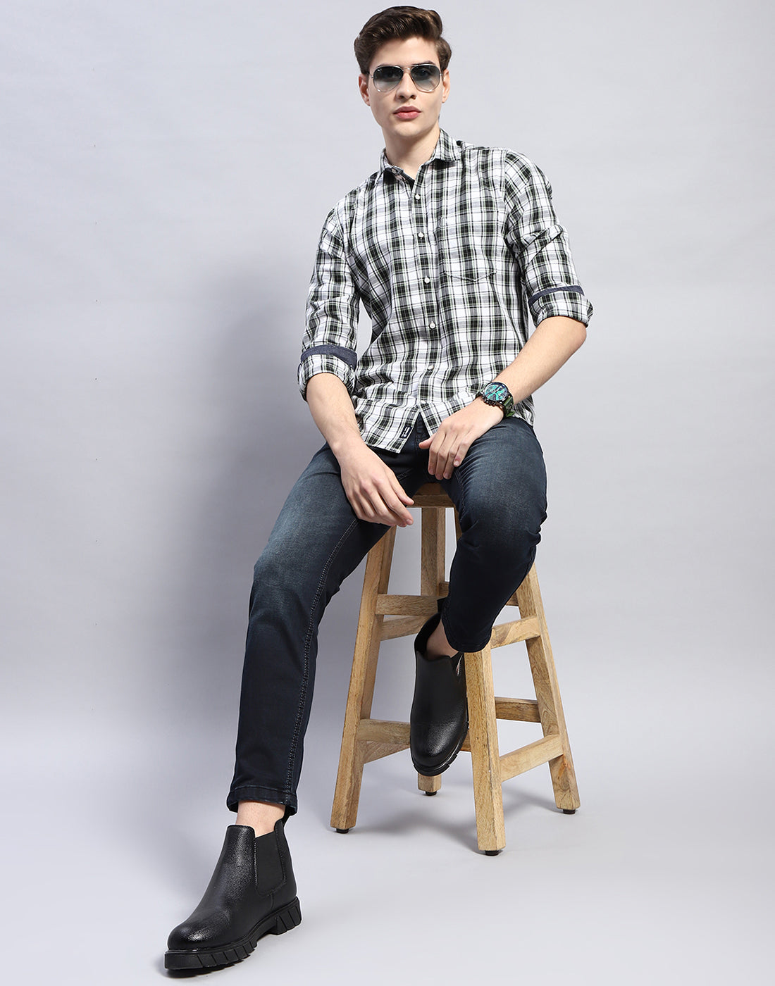 Men Navy Blue Light Wash Ankle Length Denim