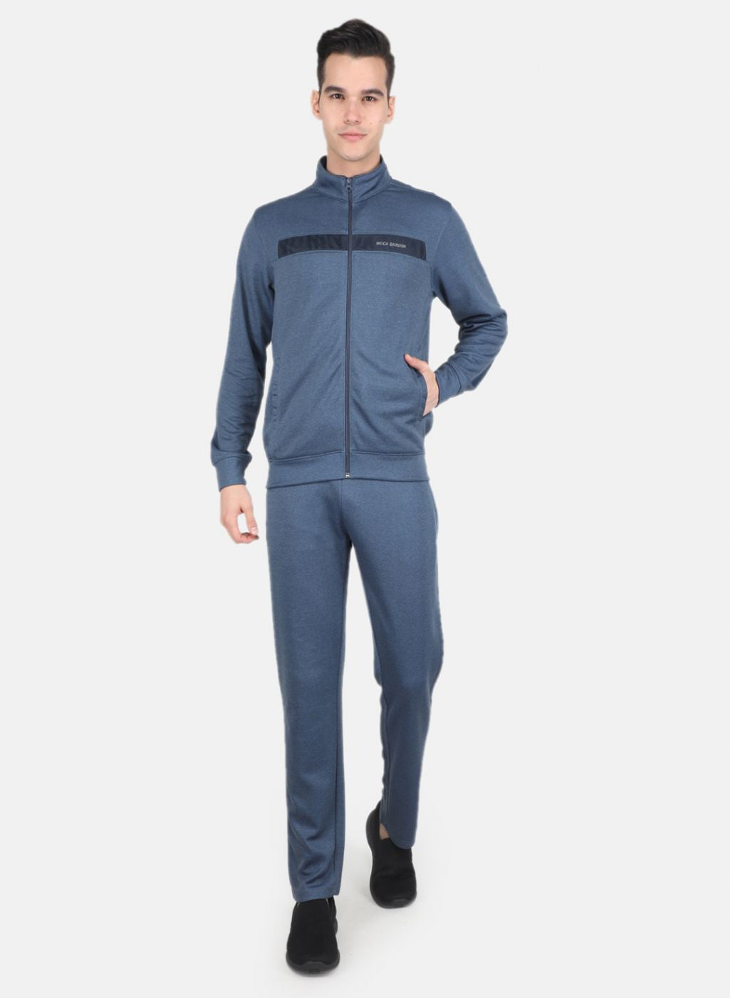 Men Blue Solid Mock Neck Full Sleeve Tracksuit