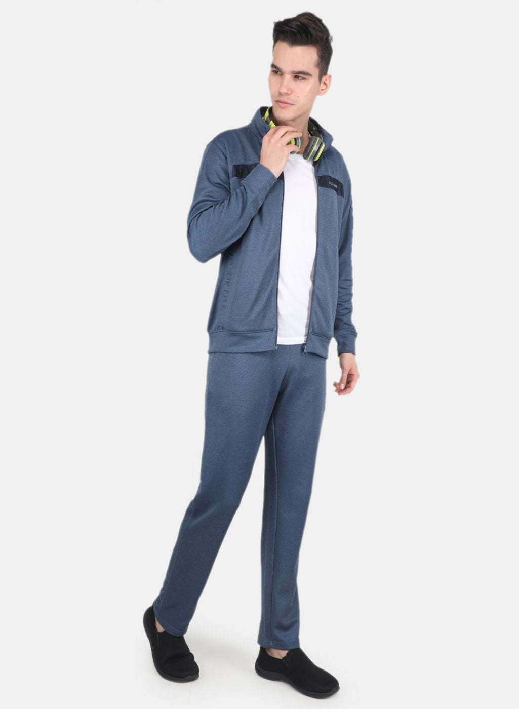 Men Blue Solid Mock Neck Full Sleeve Tracksuit