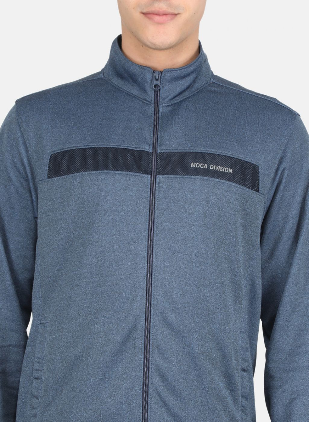 Men Blue Solid Mock Neck Full Sleeve Tracksuit