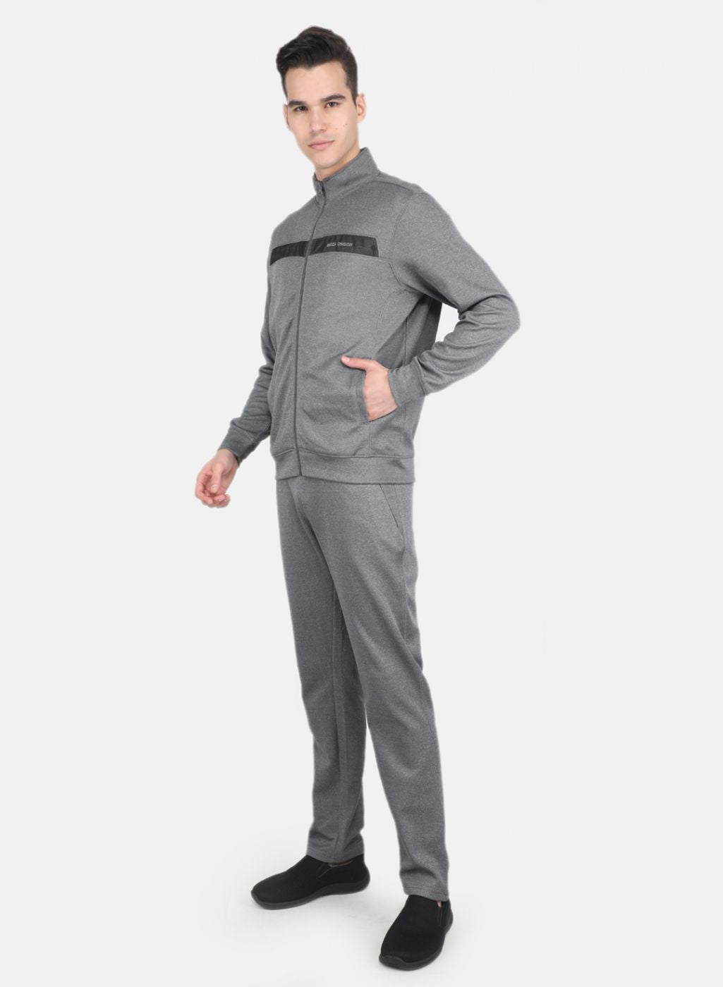 Men Grey Solid Mock Neck Full Sleeve Tracksuit