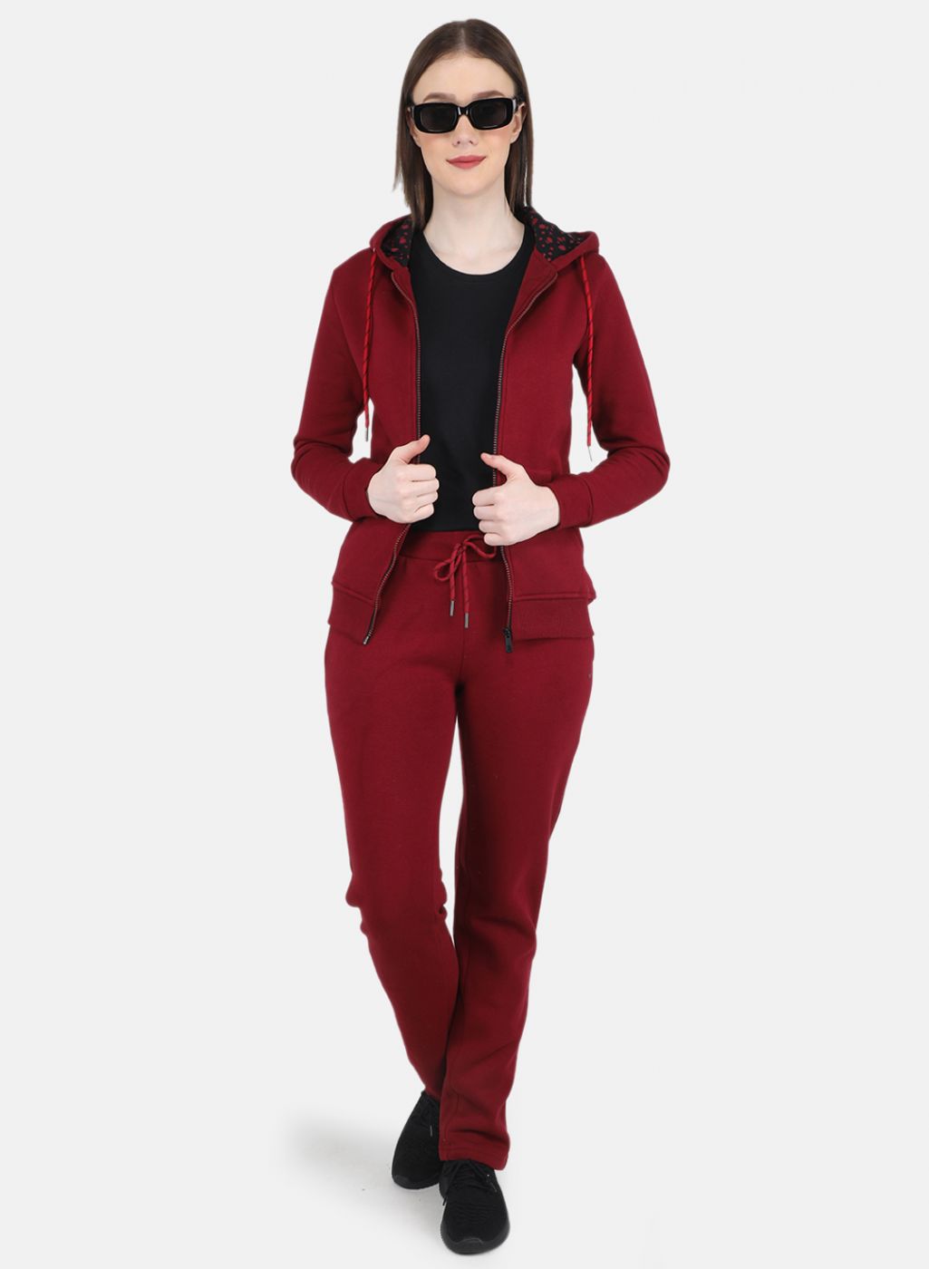 Women Maroon Solid Tracksuit