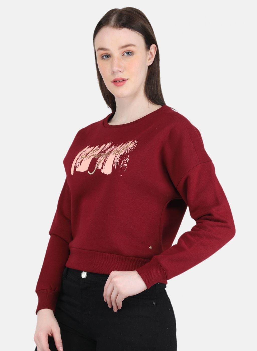 Women Maroon Printed Round Neck Full Sleeve Sweatshirt