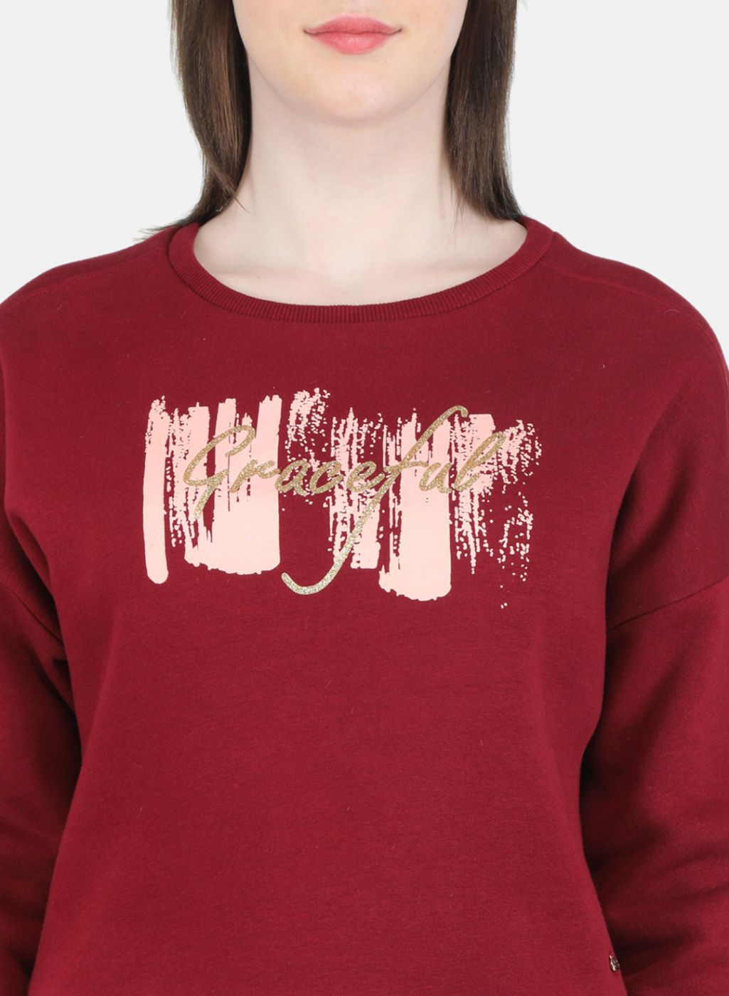 Women Maroon Printed Round Neck Full Sleeve Sweatshirt