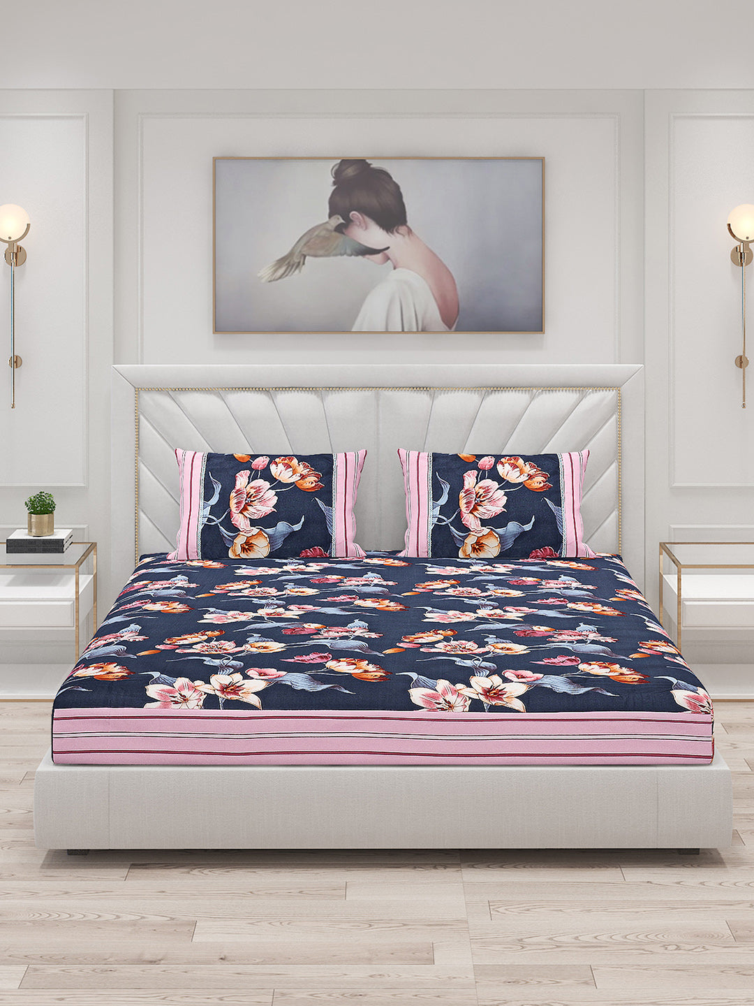130 GSM Polyester Double Bed Bedsheet with 2 Pillow Covers