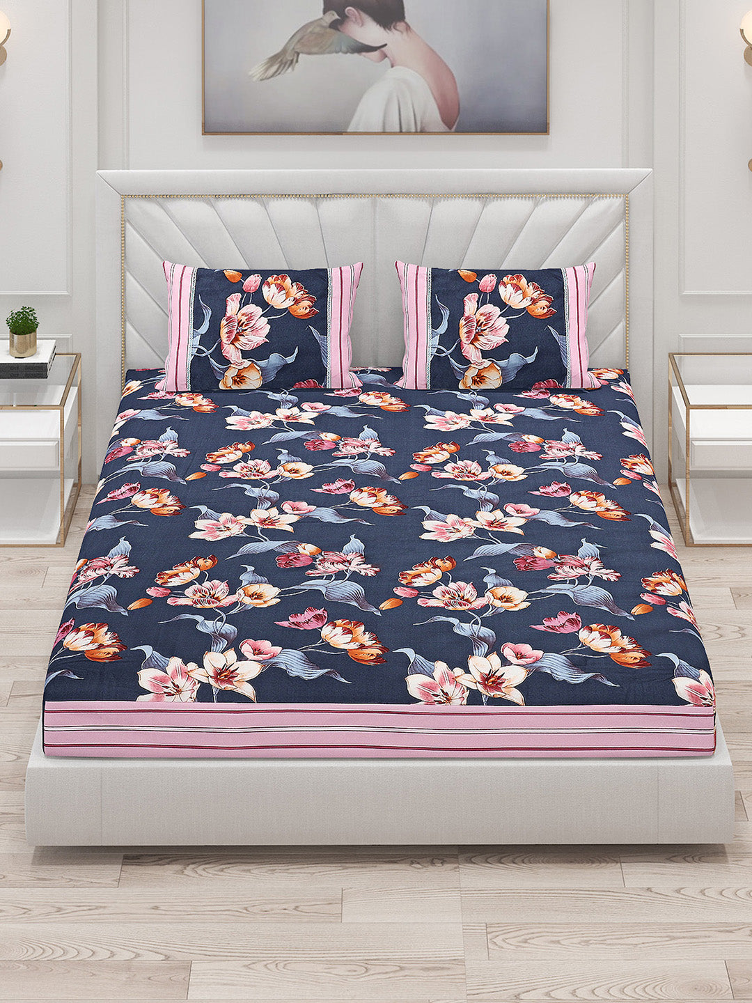 130 GSM Polyester Double Bed Bedsheet with 2 Pillow Covers