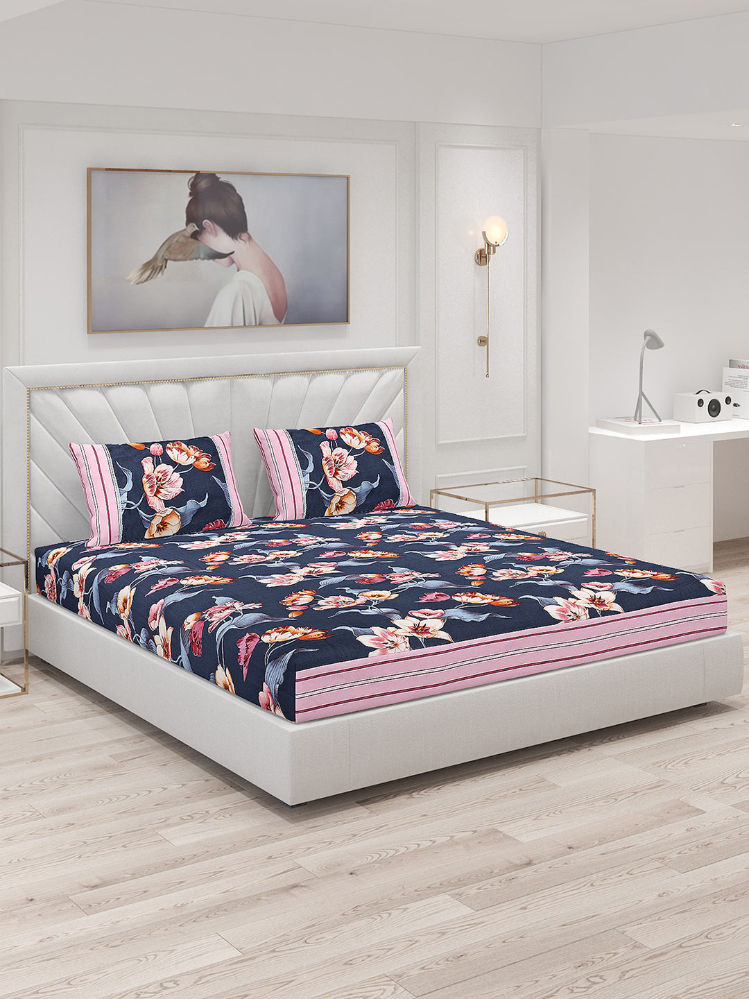 130 GSM Polyester Double Bed Bedsheet with 2 Pillow Covers