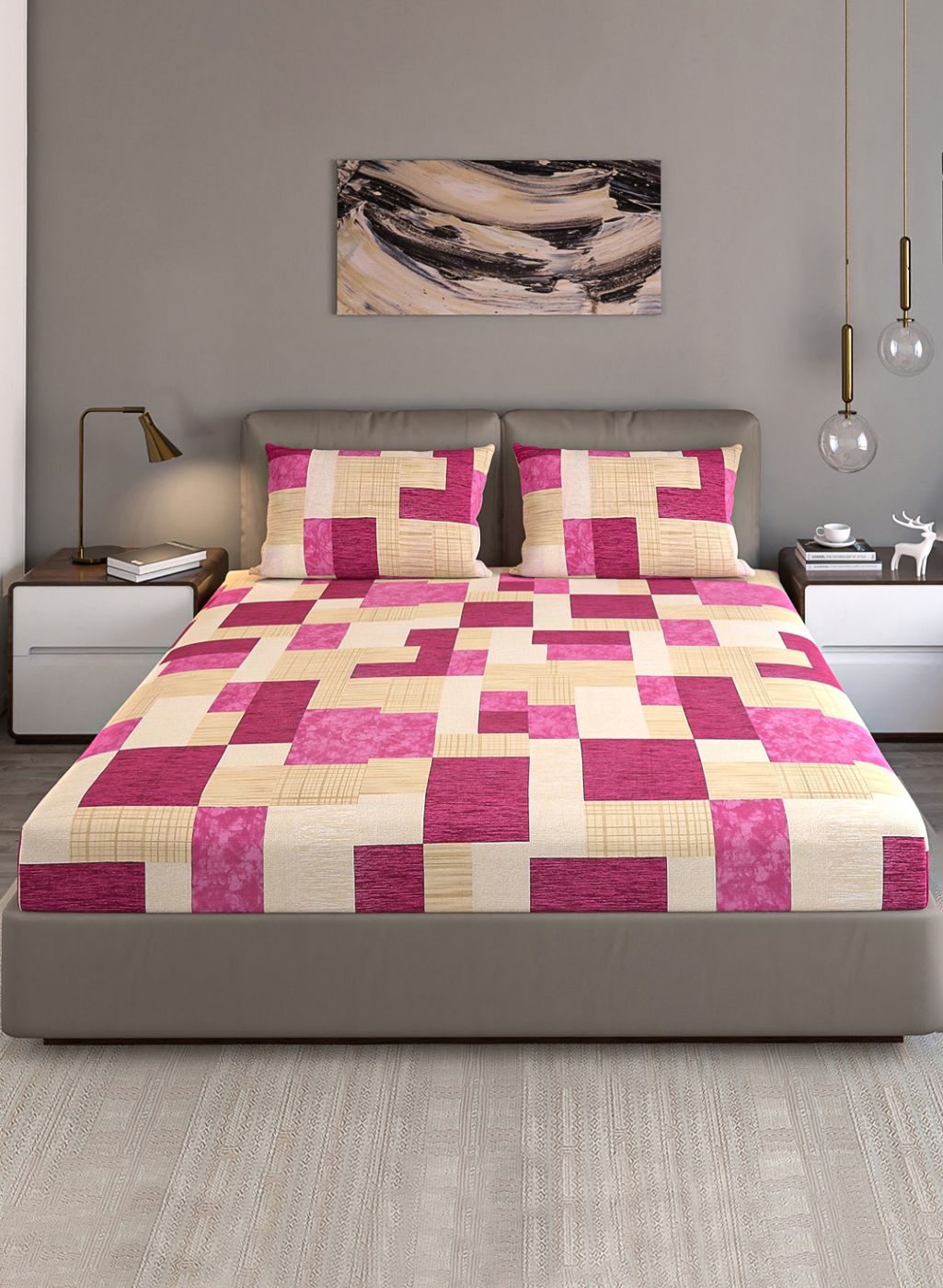 140TC Pure Cotton Queen Bedsheet with 2 Pillow Covers