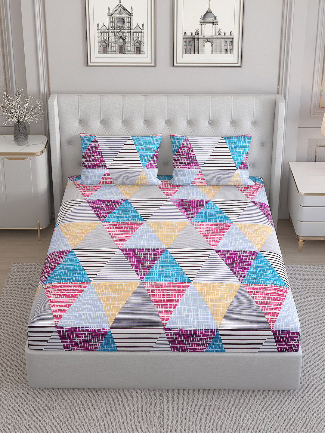 130 GSM Polyester Double Bed Bedsheet with 2 Pillow Covers