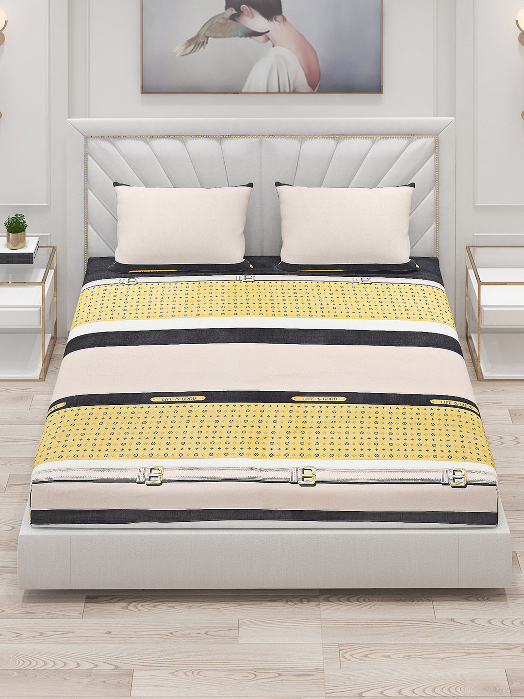 145 GSM Polyester Double Bed Bedsheet with 2 Pillow Covers