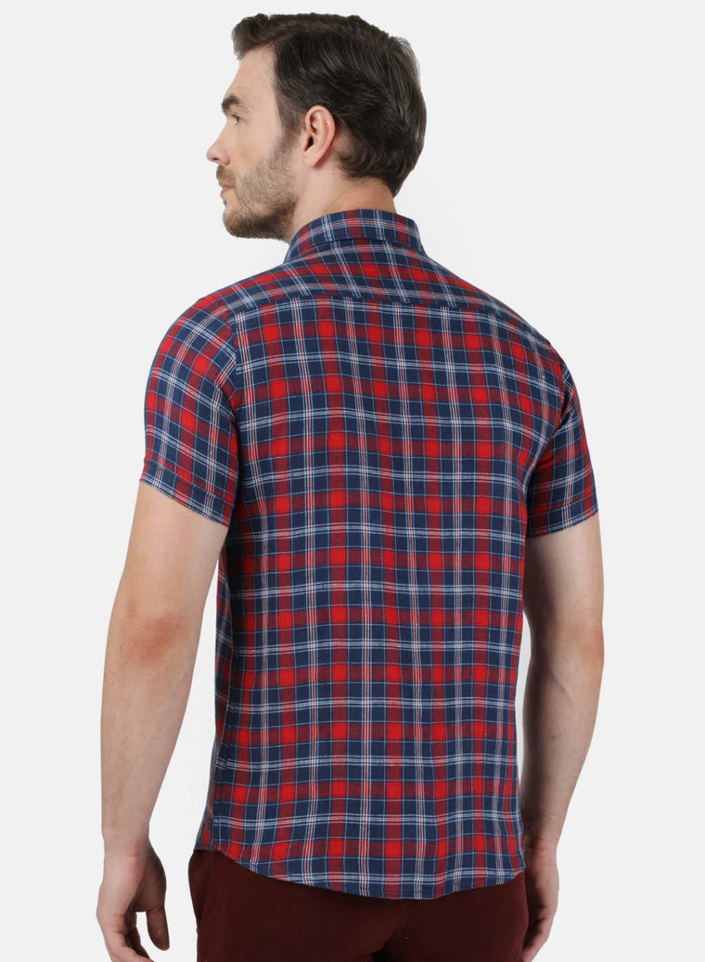 Mens Maroon Check Linen Shirt