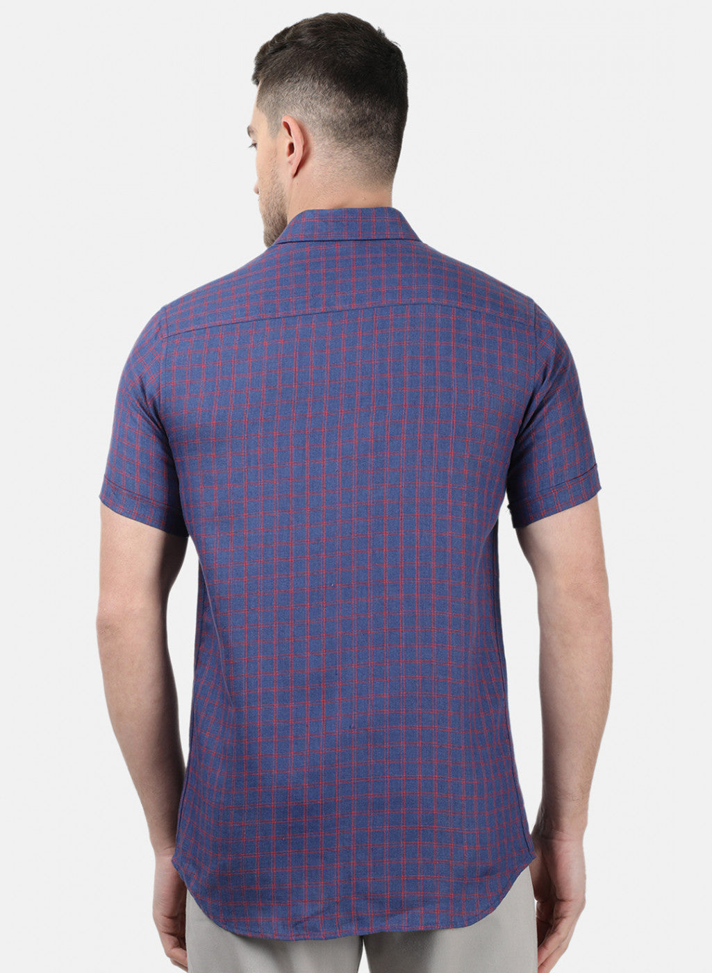 Men Blue Check Linen Shirt