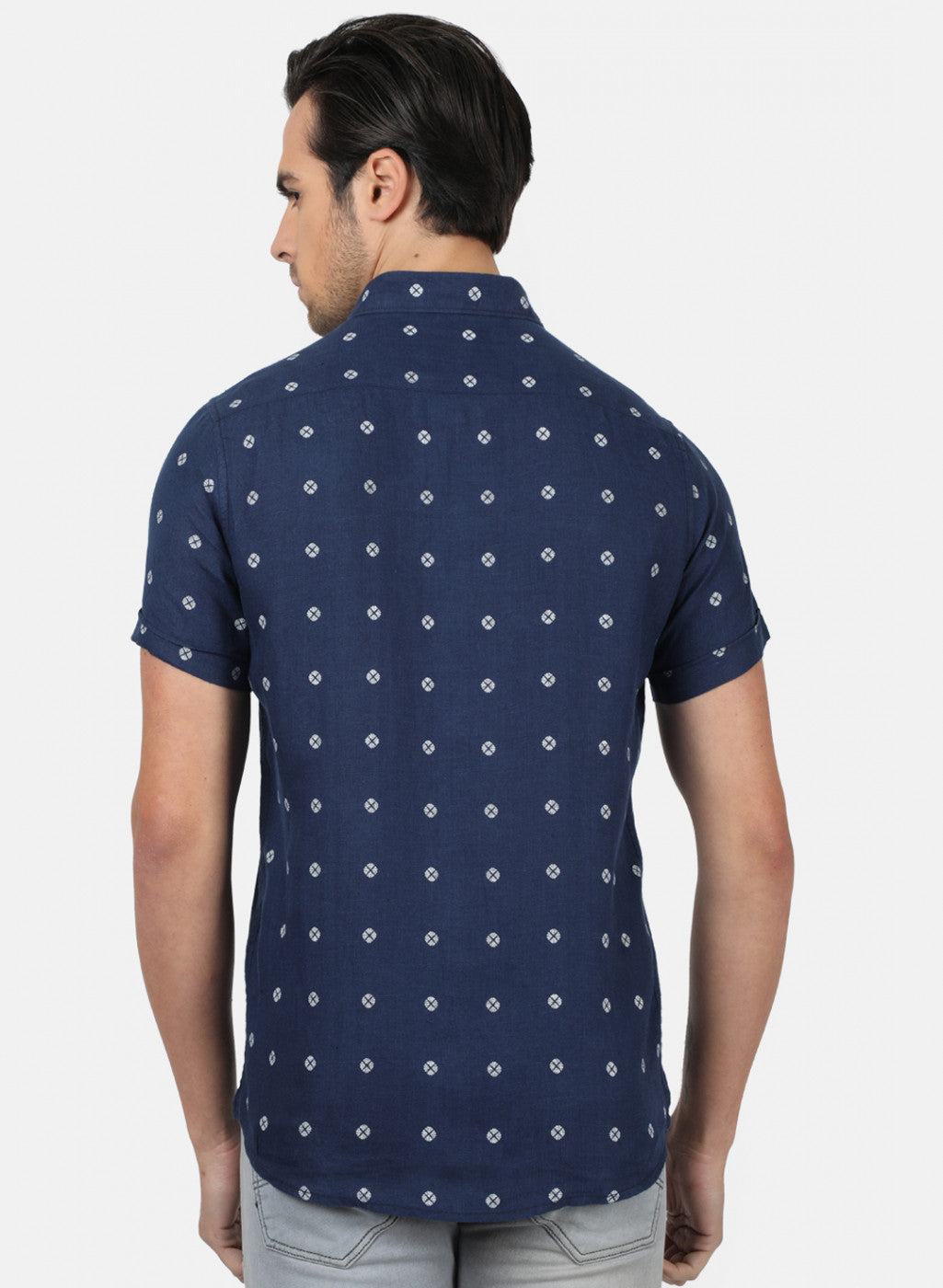 Men NAvy Blue Printed Linen Shirt