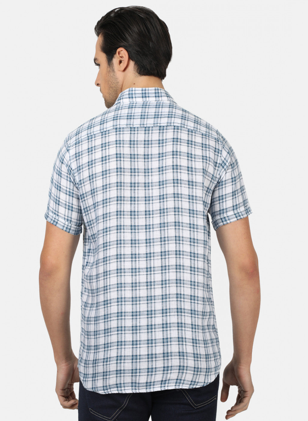 Men Blue Check Linen Shirt