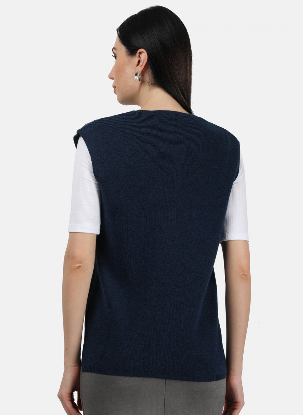 Women Navy Blue Self Design Cardigan