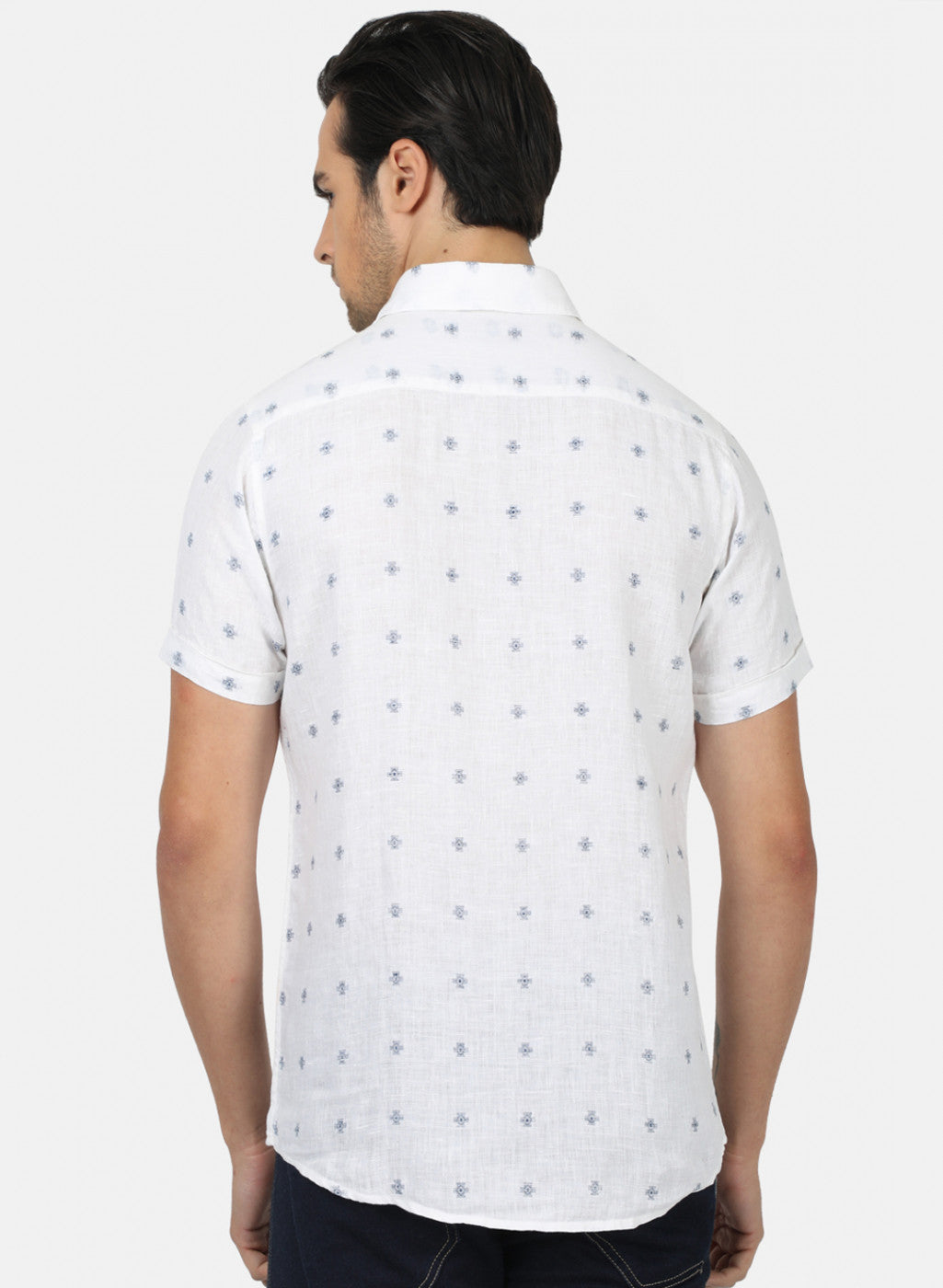 Men White Printed Linen Shirt