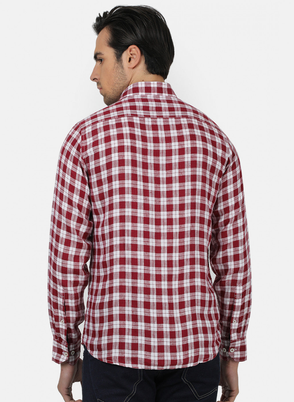 Men Maroon Check Linen Shirt