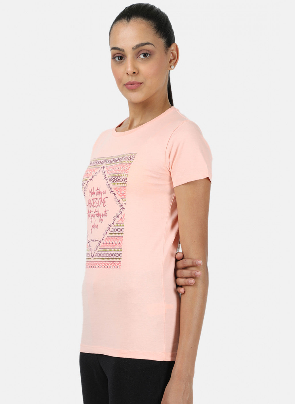 Womens Peach & Off White Printed Top 2Pc Set