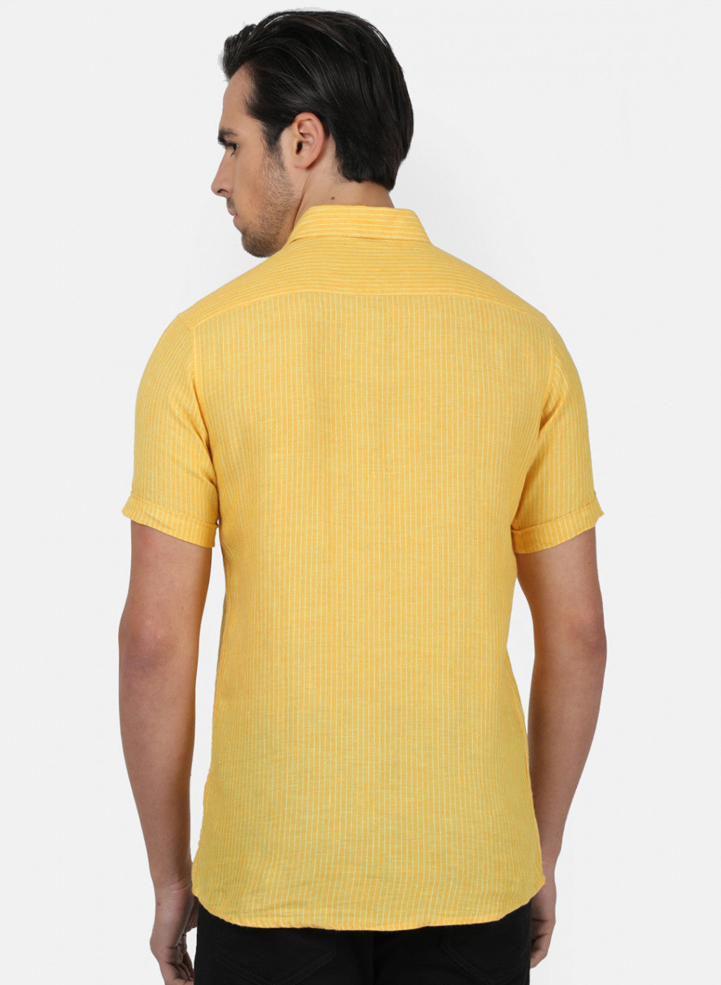 Men Yellow Stripe Linen Shirt