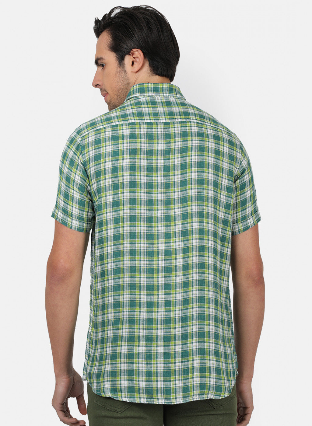 Men Green Check Linen Shirt