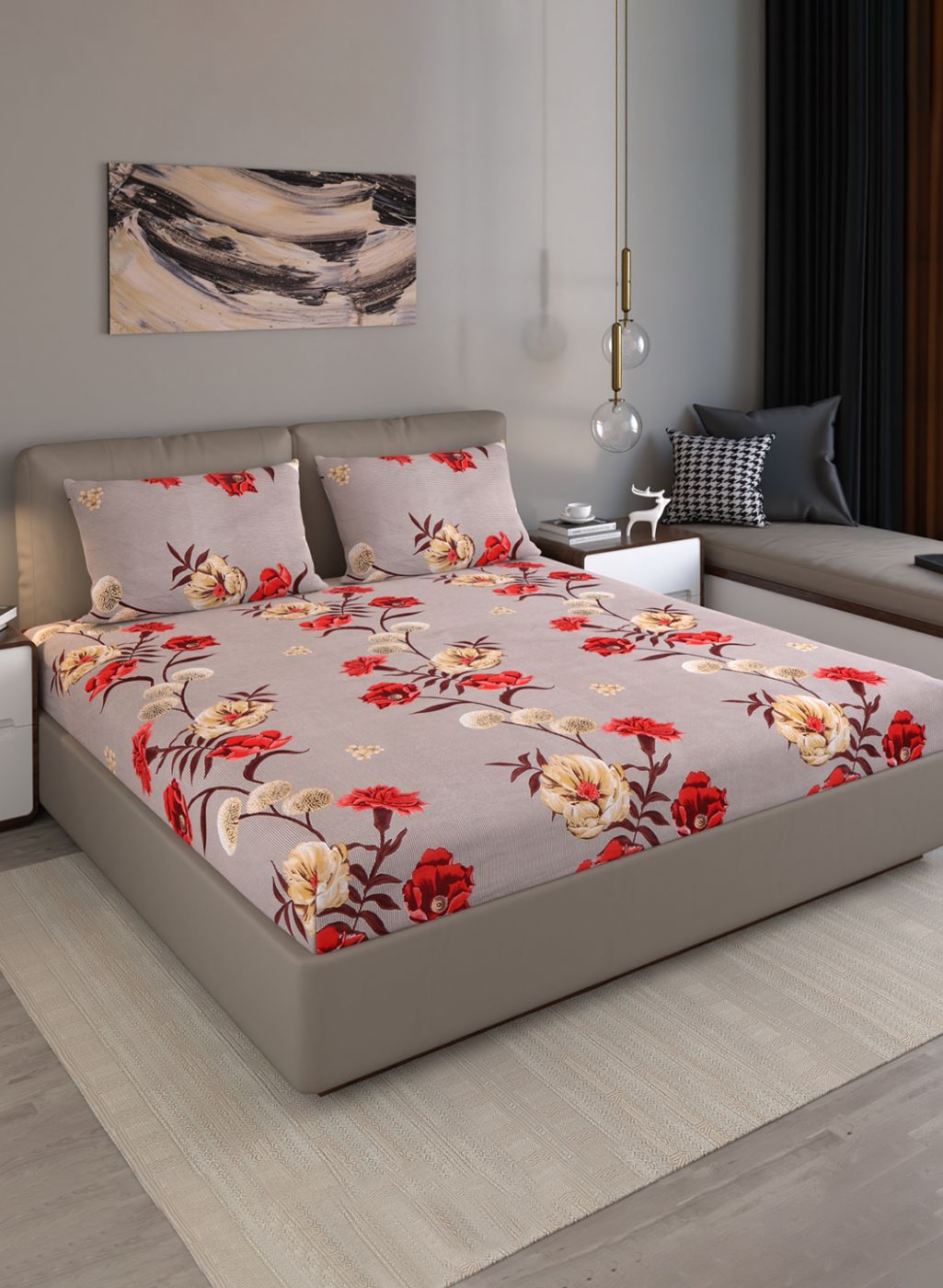 130 GSM Polyester Queen Bedsheet with 2 Pillow Covers