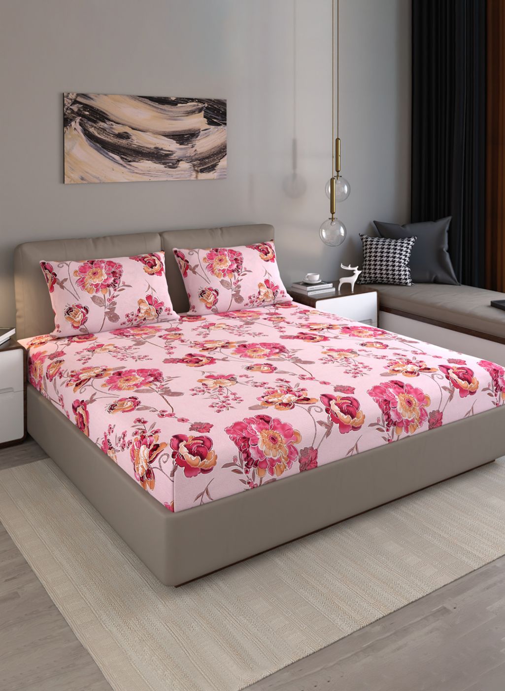 130 GSM Polyester Queen Bedsheet with 2 Pillow Covers