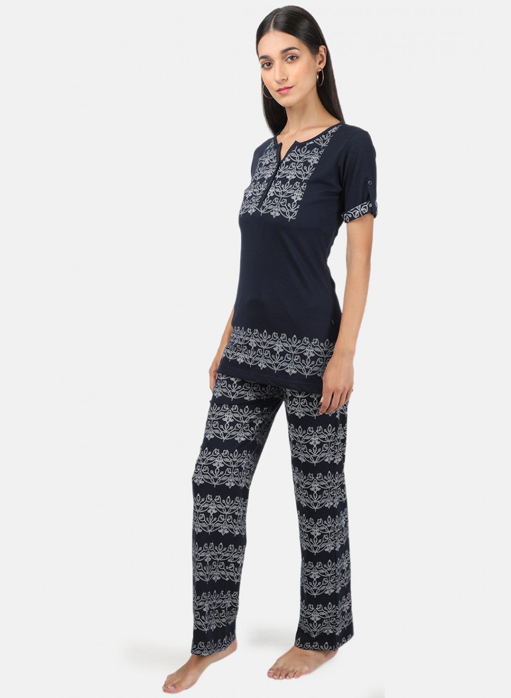 Womens Navy Blue Printed Plazoo Set