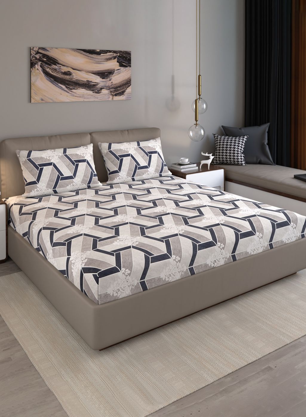 120TC Pure Cotton Queen Bedsheet with 2 Pillow Covers