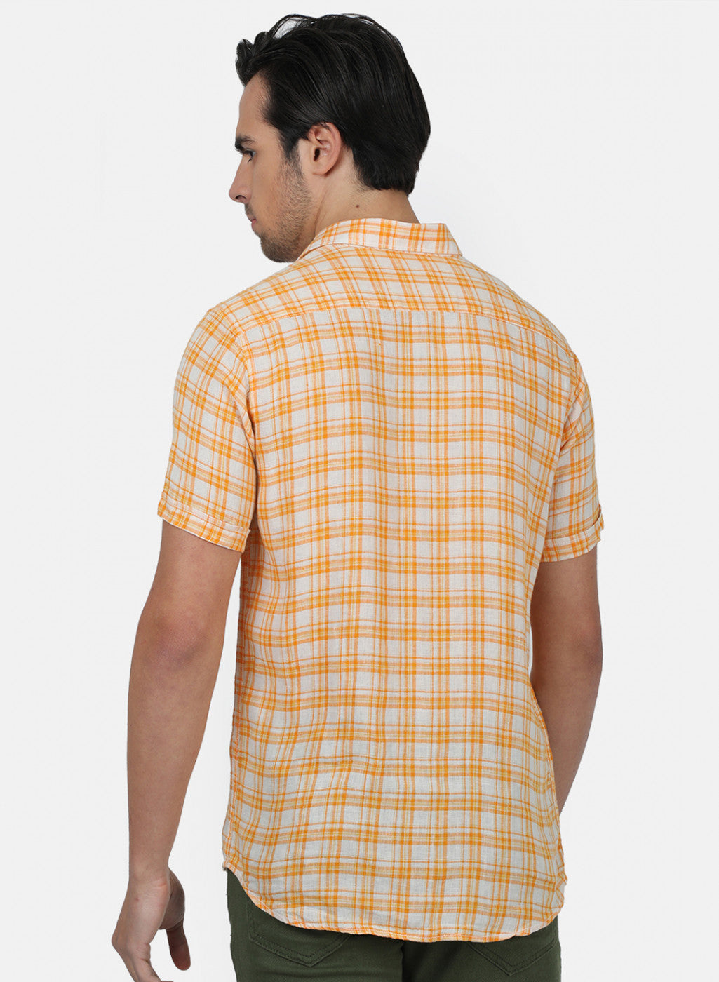 Men Orange Check Linen Shirt