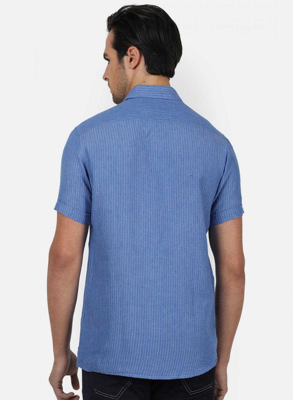 Men Blue Stripe Linen Shirt