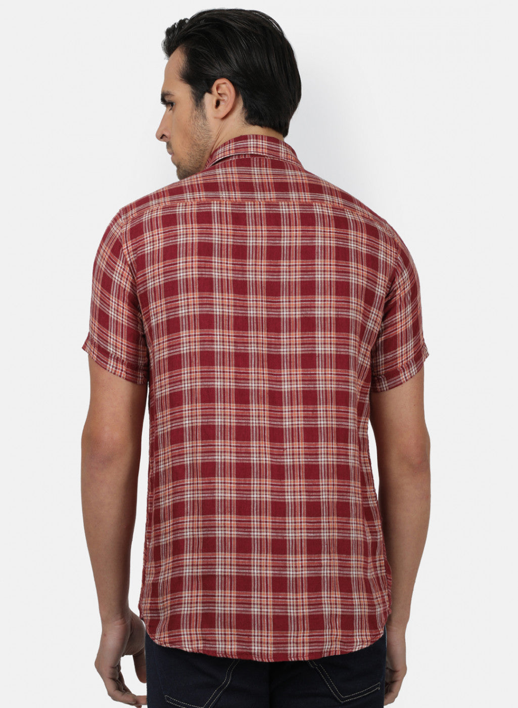 Men Maroon Check Linen Shirt
