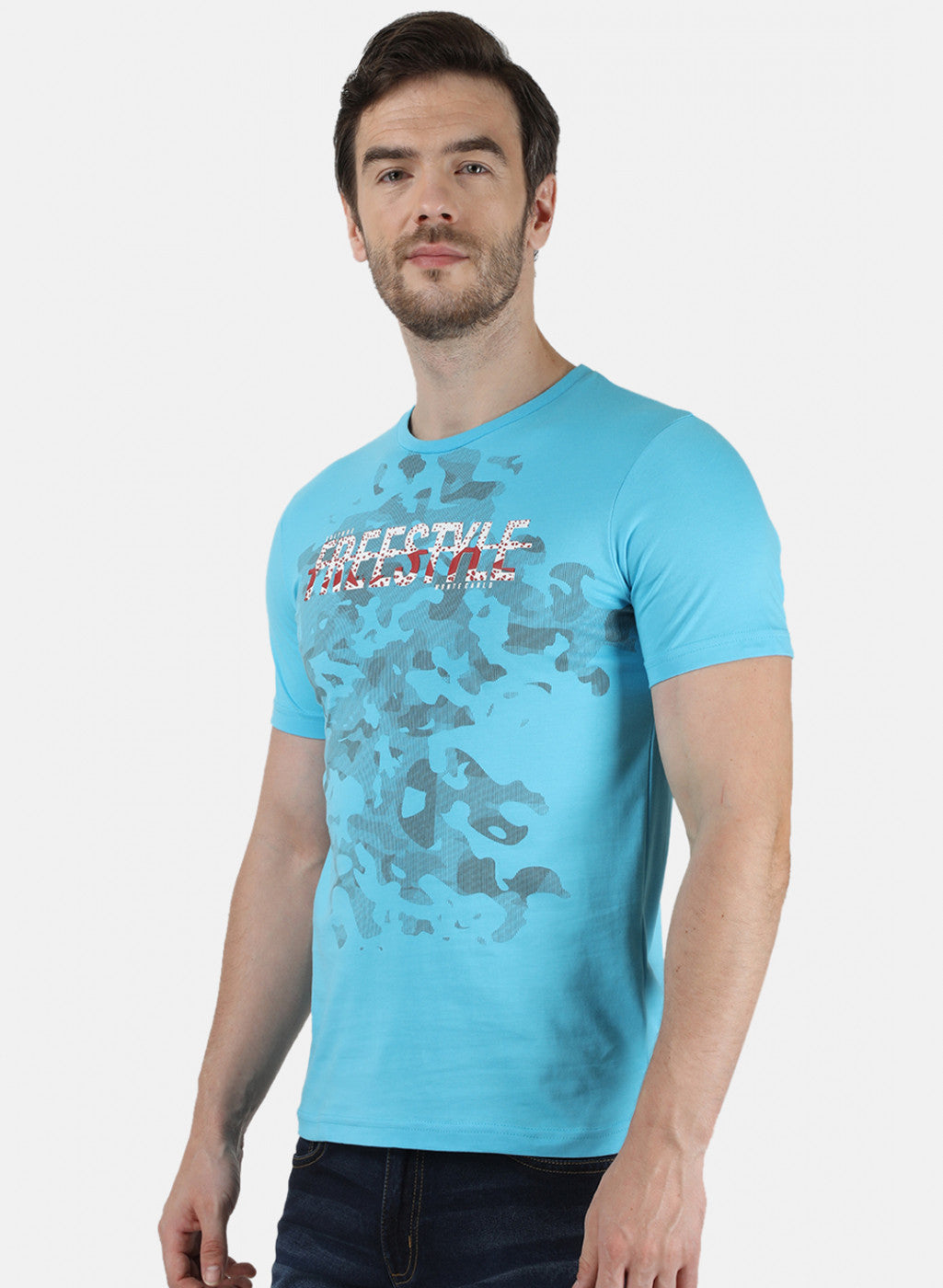 Mens Blue & Off White Printed T-Shirt