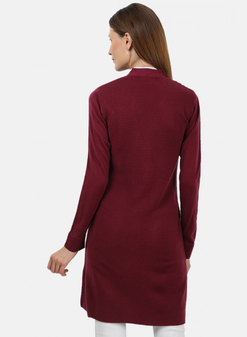 Women Maroon Self Design Cardigan