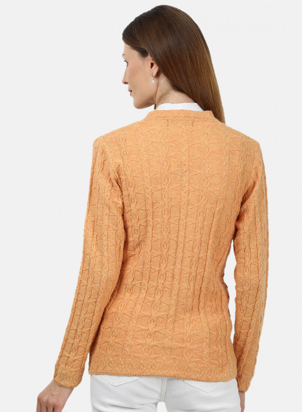Women Light Orange Self Design Cardigan