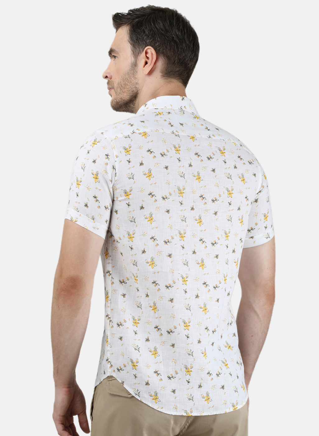 Mens Yellow Printed Linen Shirt