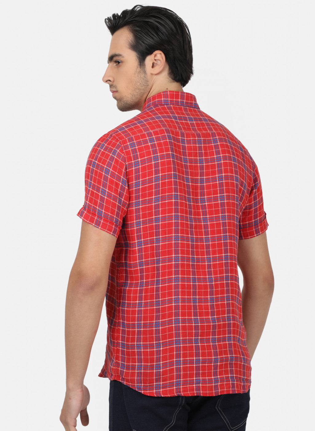 Men Red Check Linen Shirt