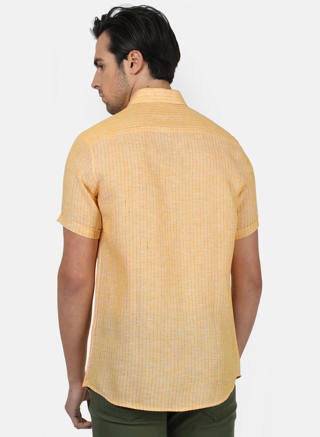 Men Yellow Stripe Linen Shirt