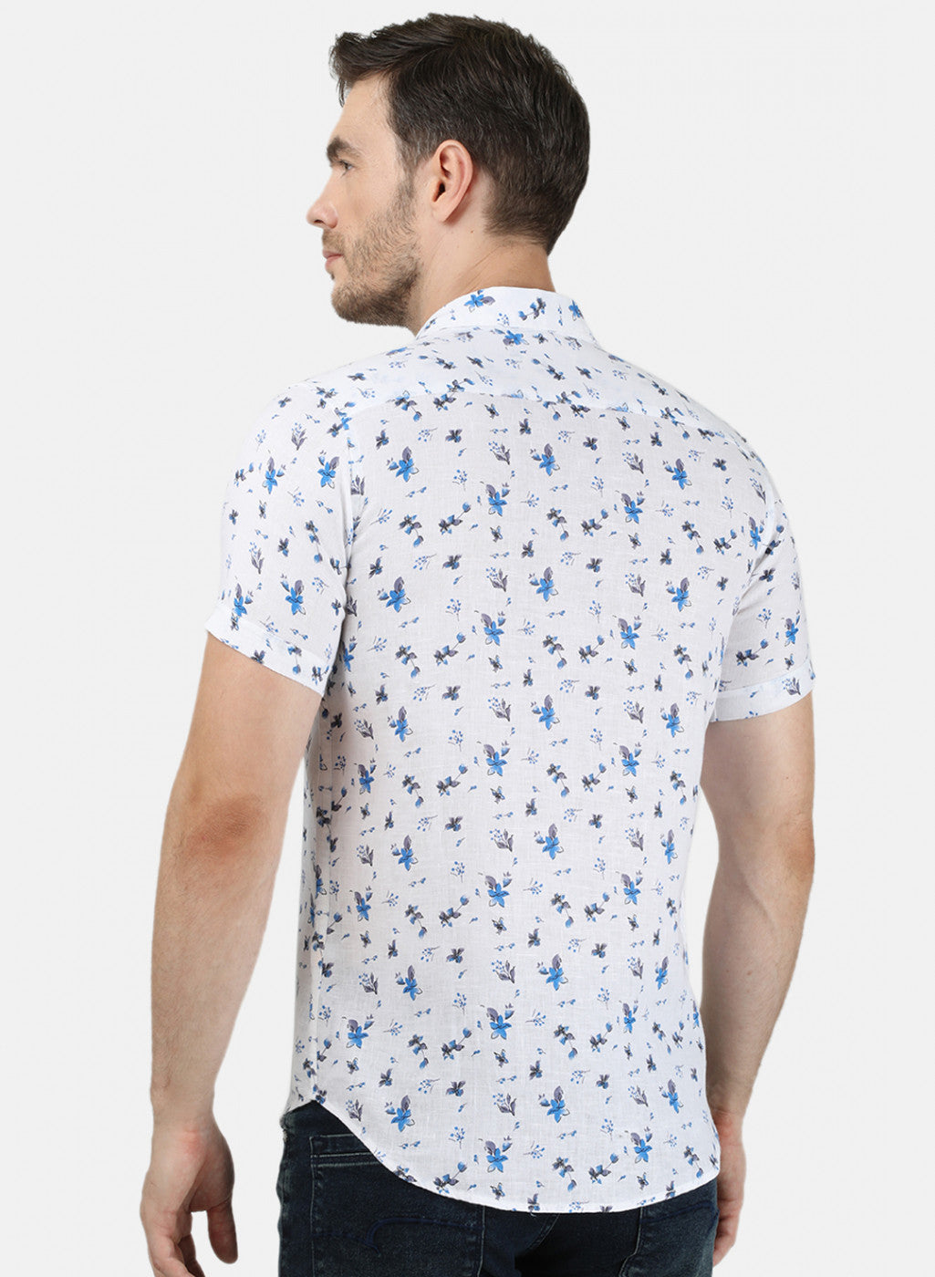 Mens Blue Printed Linen Shirt
