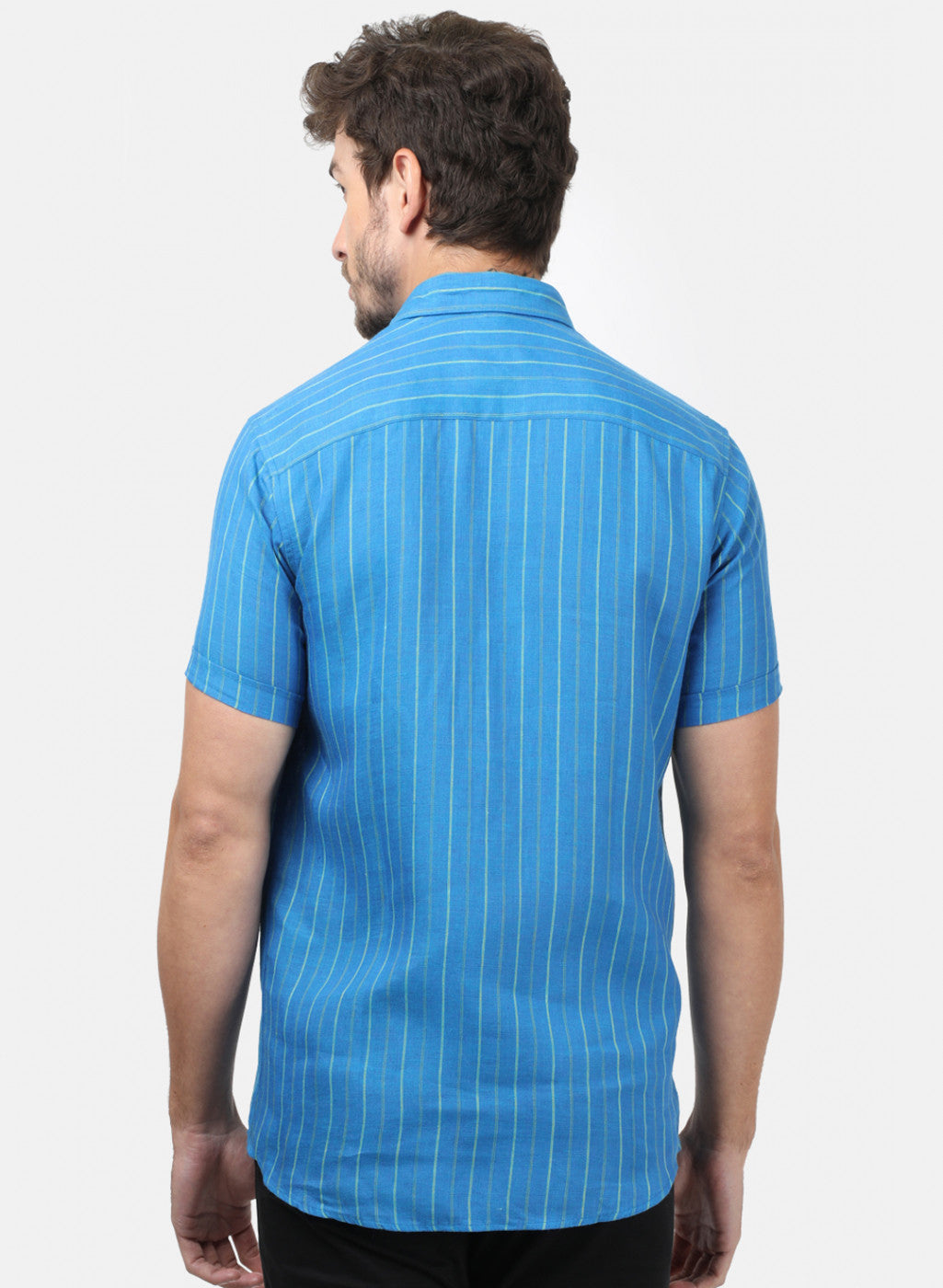 Men Blue Stripe Linen Shirt
