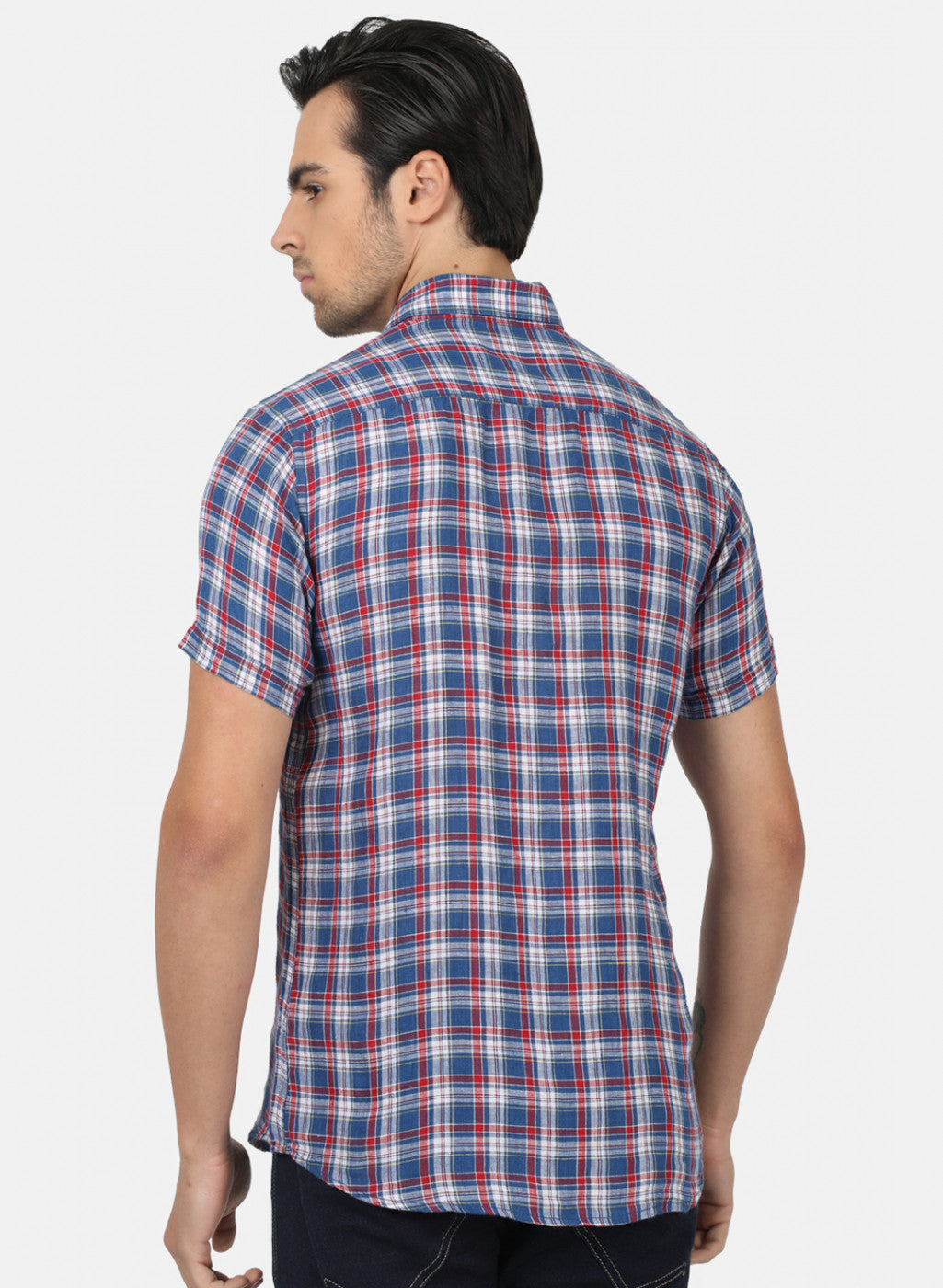 Men Blue Check Linen Shirt