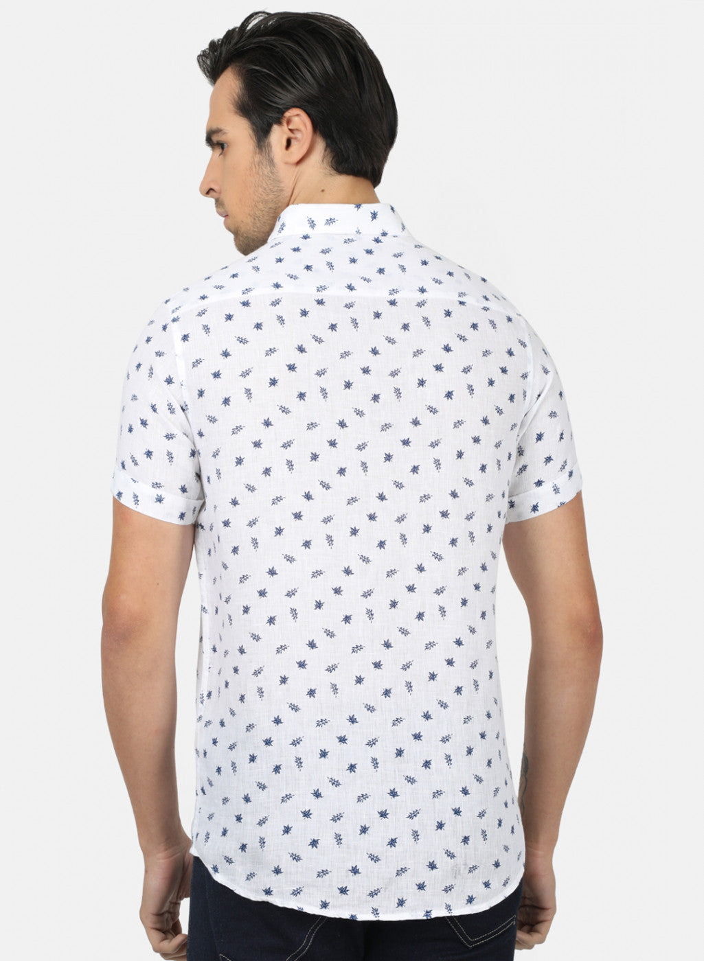 Men White Printed Linen Shirt
