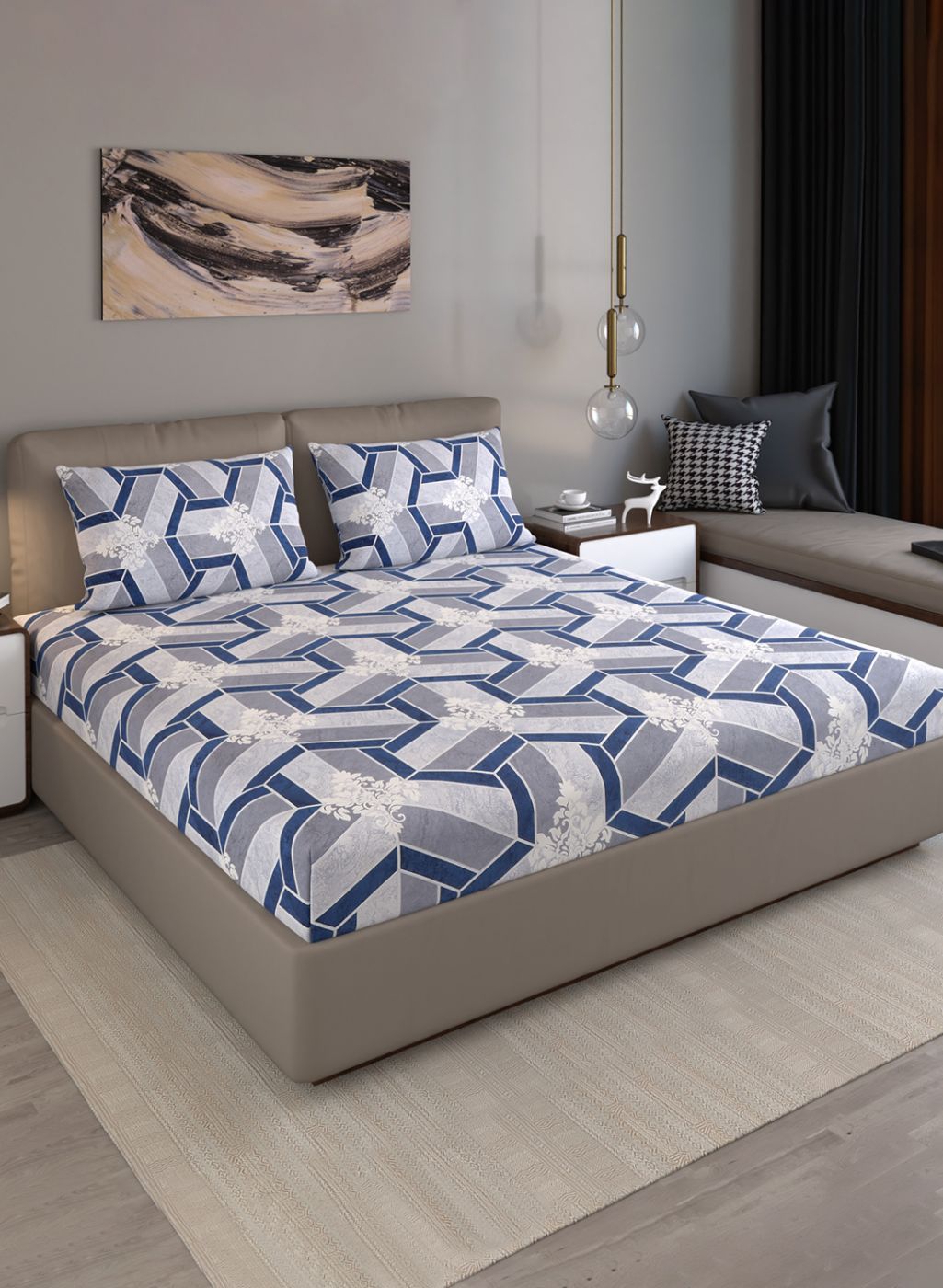 120TC Pure Cotton Queen Bedsheet with 2 Pillow Covers