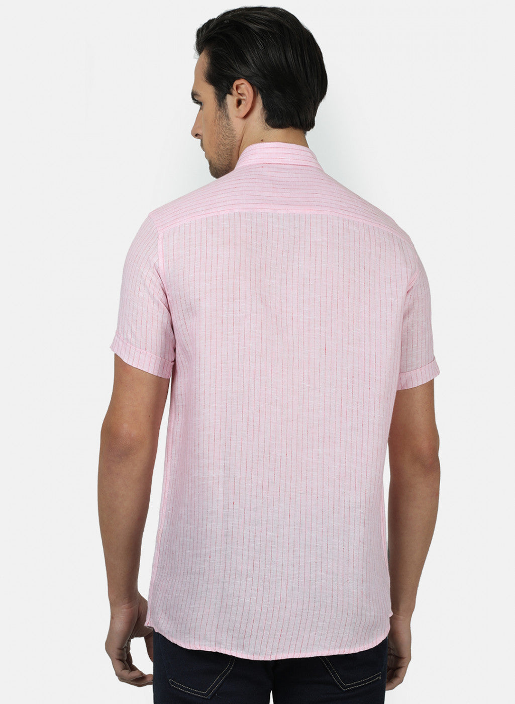 Men Pink Stripe Linen Shirt
