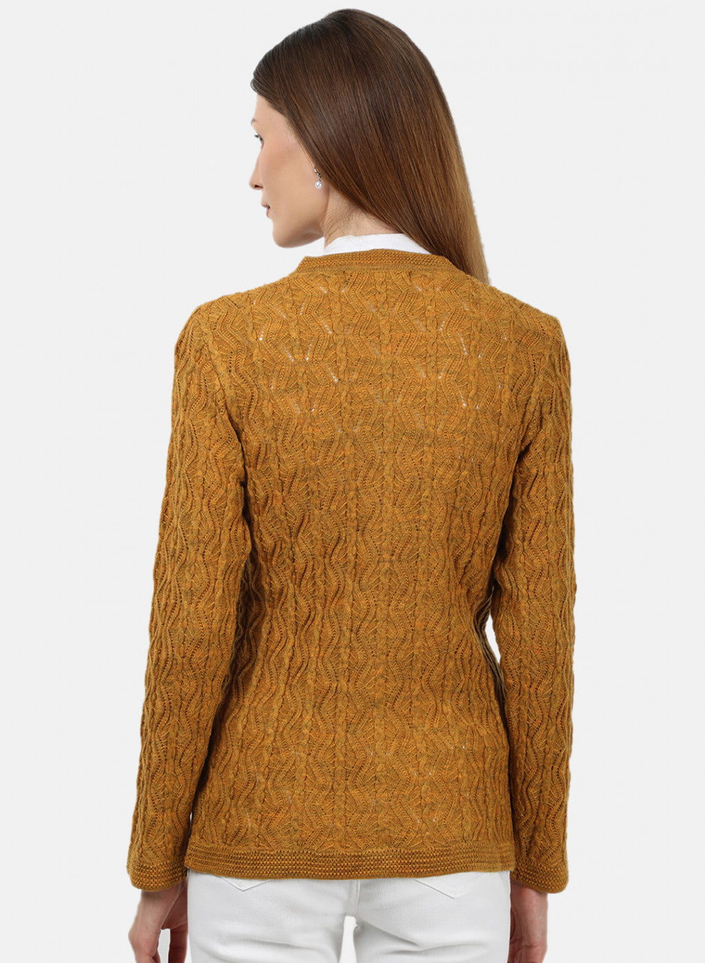 Women Yellow Self Design Cardigan