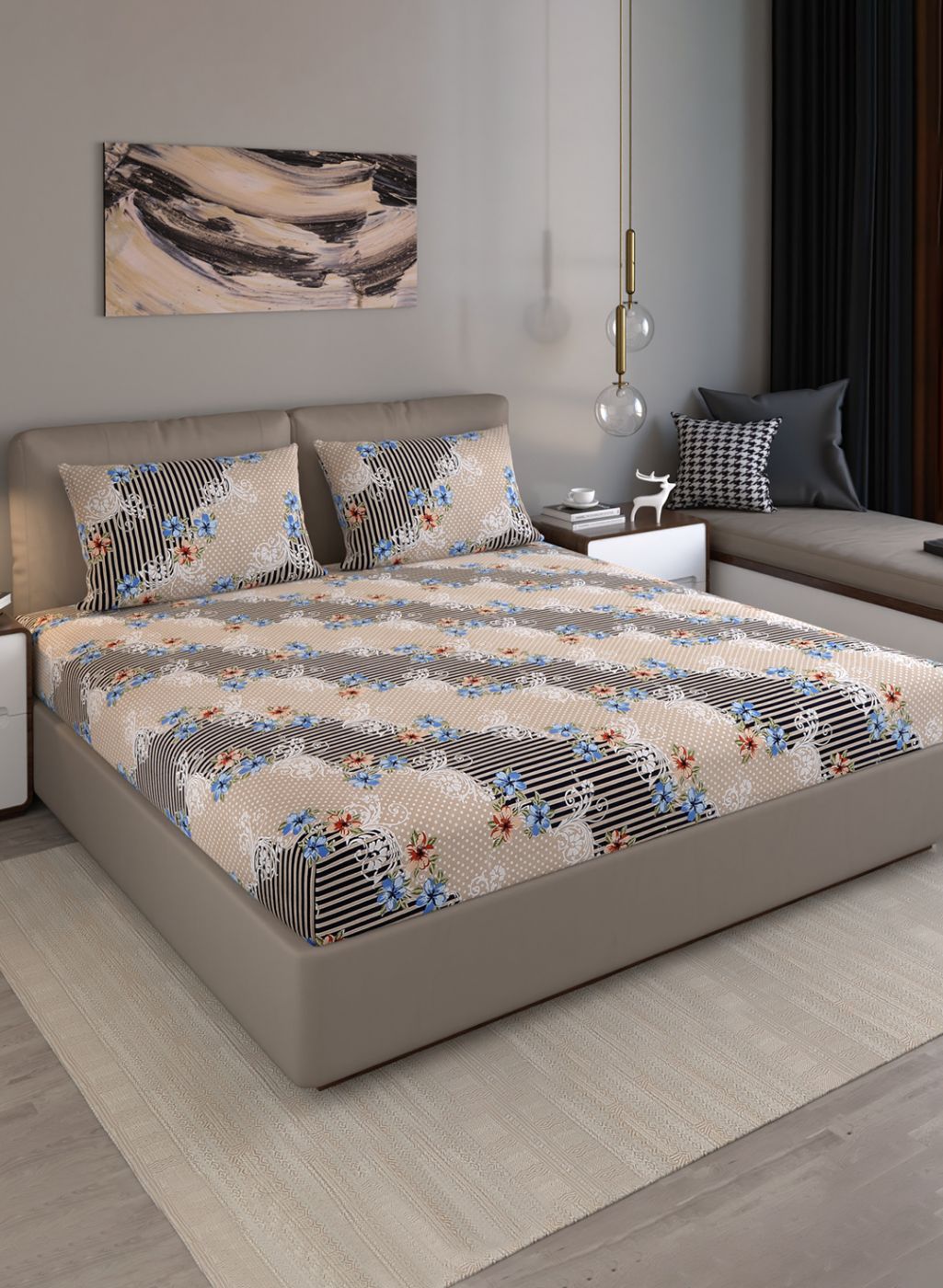 130 GSM Polyester Queen Bedsheet with 2 Pillow Covers