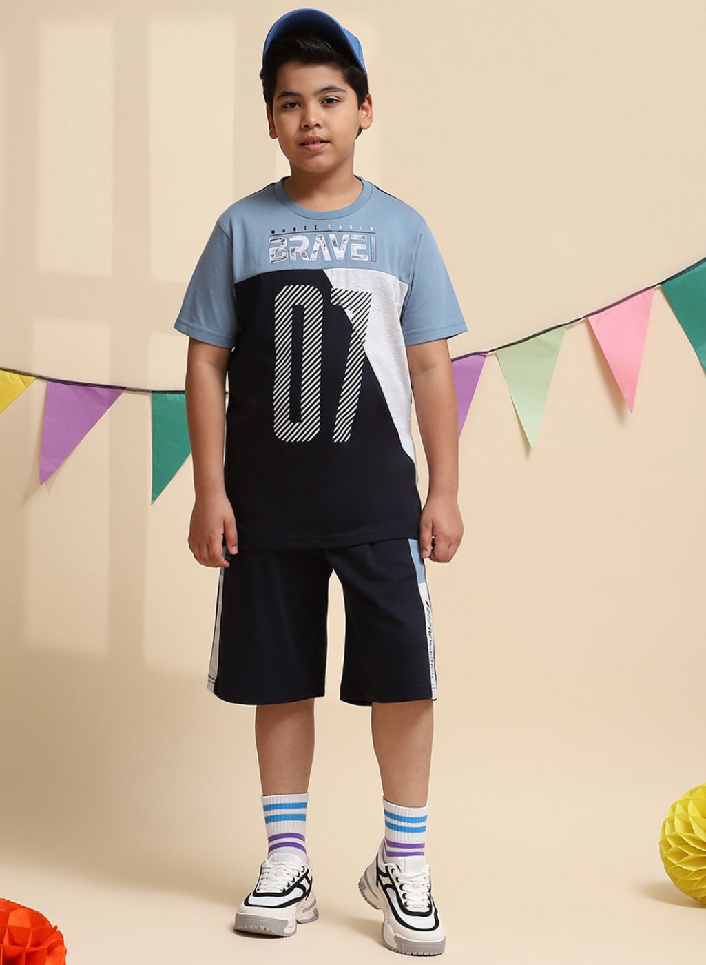 Boys Blue Printed Bermuda Set